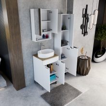 HD Paris Matt White 50 álló mosdószekrény tölgyfa színű mosdópulttal és fényes króm elemekkel