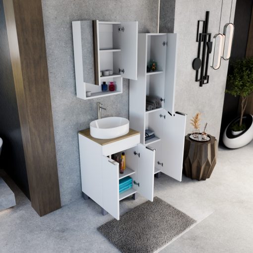 HD Paris Matt White 50 álló mosdószekrény tölgyfa színű mosdópulttal és fényes króm elemekkel