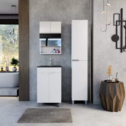 HD Paris Matt White 50 álló mosdószekrény szálcsiszolt króm elemekkel és matt fekete slim mosdóval