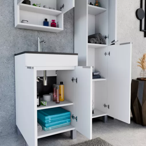 HD Paris Matt White 50 álló mosdószekrény szálcsiszolt króm elemekkel és matt fekete slim mosdóval