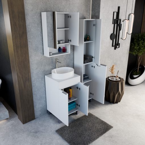 HD Paris Matt White 50 álló mosdószekrény matt fehér mosdópulttal és szálcsiszolt króm elemekkel