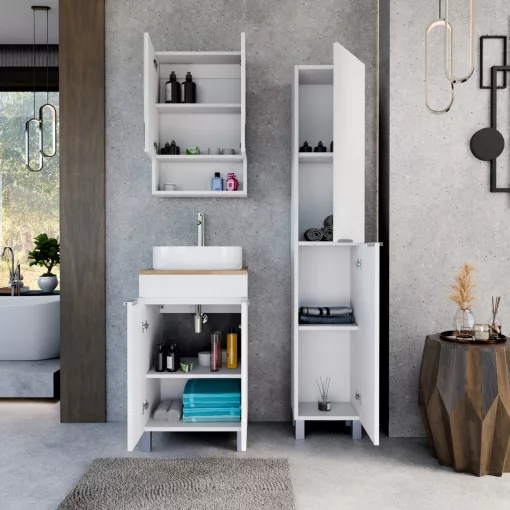 HD Paris Matt White 50 álló mosdószekrény tölgyfa színű mosdópulttal és szálcsiszolt króm elemekkel