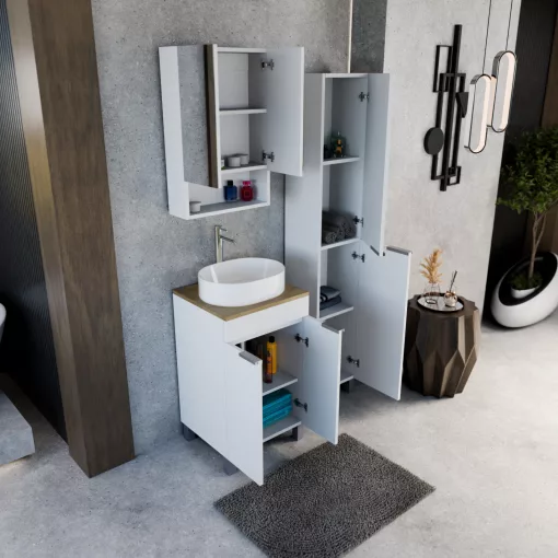 HD Paris Matt White 50 álló mosdószekrény tölgyfa színű mosdópulttal és szálcsiszolt króm elemekkel