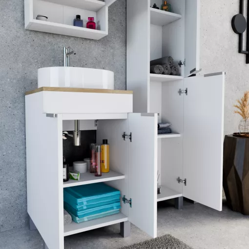 HD Paris Matt White 50 álló mosdószekrény tölgyfa színű mosdópulttal és szálcsiszolt króm elemekkel