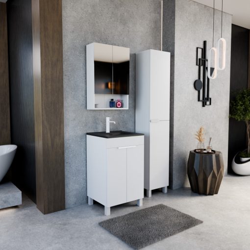 HD Paris Matt White 50 álló mosdószekrény matt fehér elemekkel és matt fekete slim mosdóval