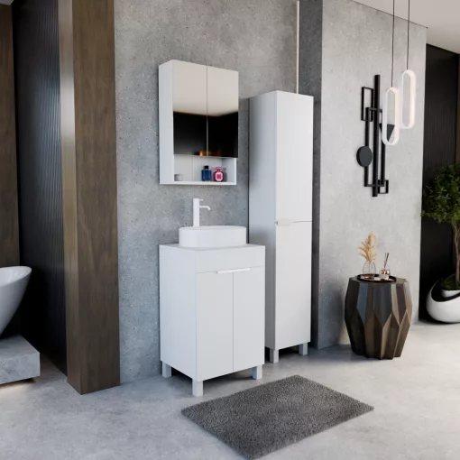 HD Paris Matt White 50 álló mosdószekrény matt fehér mosdópulttal és matt fehér elemekkel