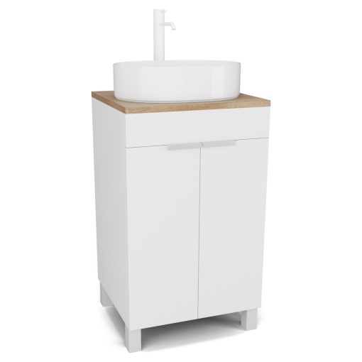 HD Paris Matt White 50 álló mosdószekrény tölgyfa színű mosdópulttal és matt fehér elemekkel