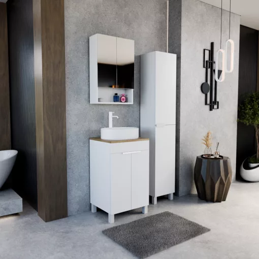 HD Paris Matt White 50 álló mosdószekrény tölgyfa színű mosdópulttal és matt fehér elemekkel