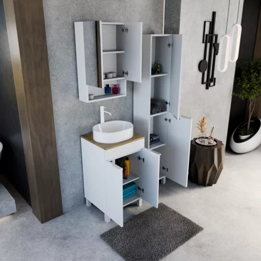 HD Paris Matt White 50 álló mosdószekrény tölgyfa színű mosdópulttal és matt fehér elemekkel