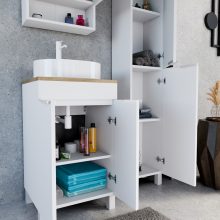 HD Paris Matt White 50 álló mosdószekrény tölgyfa színű mosdópulttal és matt fehér elemekkel