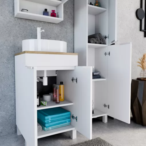 HD Paris Matt White 50 álló mosdószekrény tölgyfa színű mosdópulttal és matt fehér elemekkel