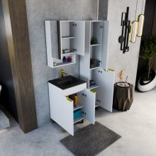 HD Paris Matt White 50 álló mosdószekrény szálcsiszolt arany elemekkel és matt fekete slim mosdóval