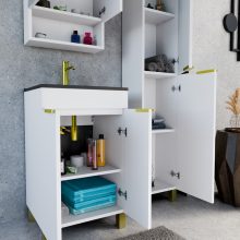 HD Paris Matt White 50 álló mosdószekrény szálcsiszolt arany elemekkel és matt fekete slim mosdóval