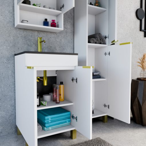 HD Paris Matt White 50 álló mosdószekrény szálcsiszolt arany elemekkel és matt fekete slim mosdóval