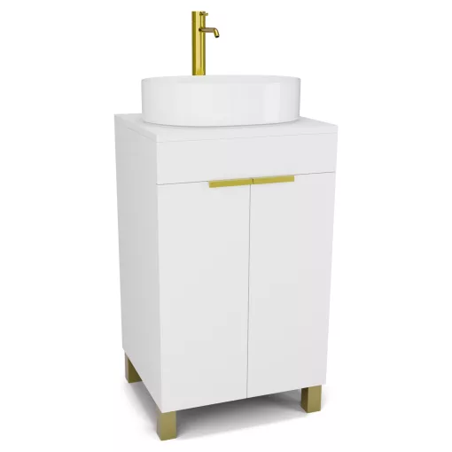 HD Paris Matt White 50 álló mosdószekrény matt fehér mosdópulttal és szálcsiszolt arany elemekkel