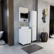 HD Paris Matt White 50 álló mosdószekrény matt fehér mosdópulttal és szálcsiszolt arany elemekkel