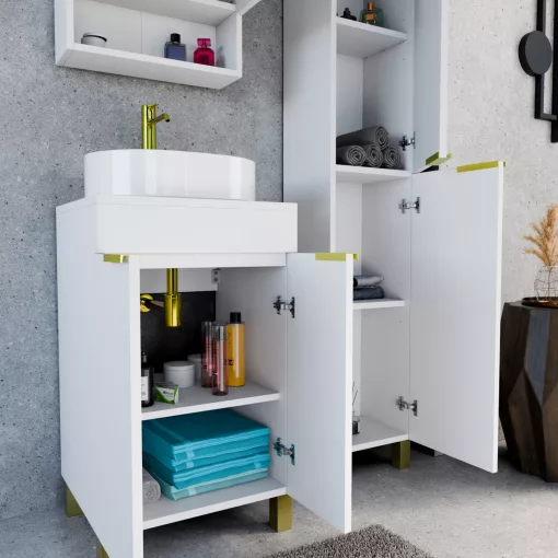 HD Paris Matt White 50 álló mosdószekrény matt fehér mosdópulttal és szálcsiszolt arany elemekkel