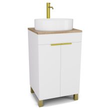 HD Paris Matt White 50 álló mosdószekrény tölgyfa színű mosdópulttal és szálcsiszolt arany elemekkel