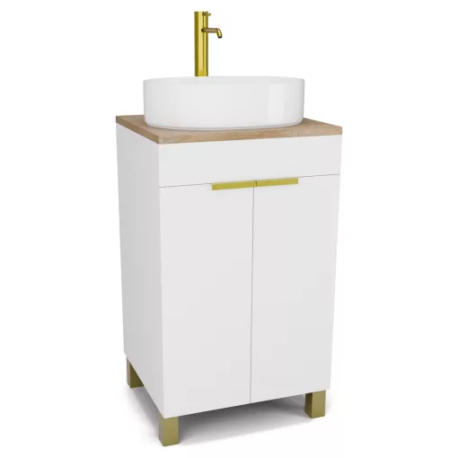 HD Paris Matt White 50 álló mosdószekrény tölgyfa színű mosdópulttal és szálcsiszolt arany elemekkel