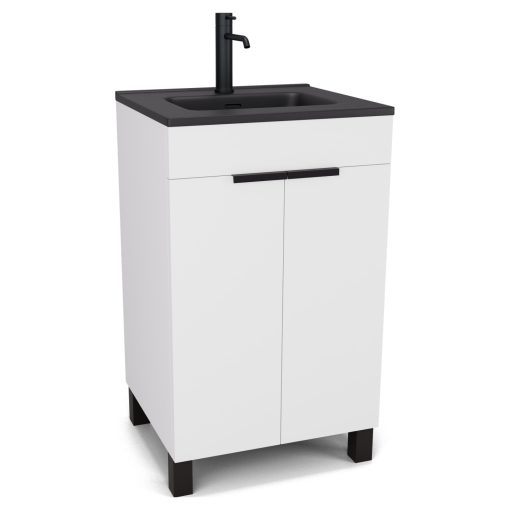 HD Paris Matt White 50 álló mosdószekrény matt fekete elemekkel és matt fekete slim mosdóval