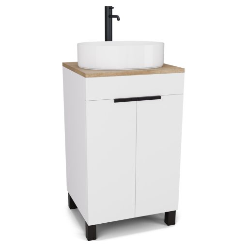 HD Paris Matt White 50 álló mosdószekrény tölgyfa színű mosdópulttal és matt fekete elemekkel