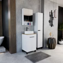 HD Paris Matt White 50 álló mosdószekrény tölgyfa színű mosdópulttal és matt fekete elemekkel