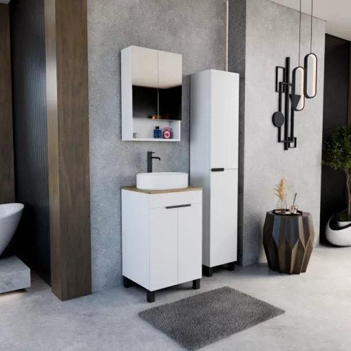 HD Paris Matt White 50 álló mosdószekrény tölgyfa színű mosdópulttal és matt fekete elemekkel