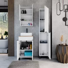 HD Paris Matt White 50 álló mosdószekrény tölgyfa színű mosdópulttal és matt fekete elemekkel