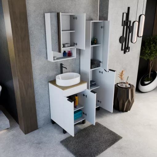 HD Paris Matt White 50 álló mosdószekrény tölgyfa színű mosdópulttal és matt fekete elemekkel