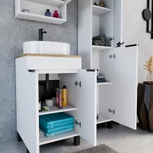 HD Paris Matt White 50 álló mosdószekrény tölgyfa színű mosdópulttal és matt fekete elemekkel