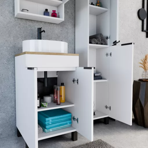 HD Paris Matt White 50 álló mosdószekrény tölgyfa színű mosdópulttal és matt fekete elemekkel