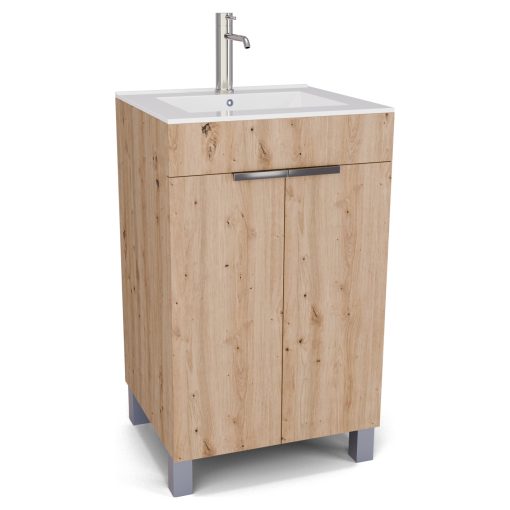 HD Paris Oak 50 álló mosdószekrény fényes króm elemekkel és fényes fehér slim mosdóval