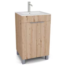 HD Paris Oak 50 álló mosdószekrény szálcsiszolt króm elemekkel és fényes fehér slim mosdóval