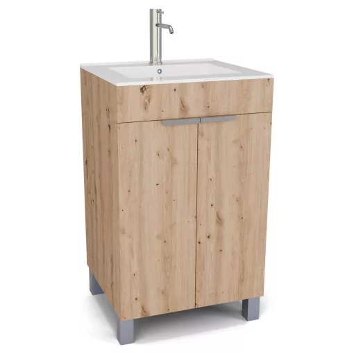 HD Paris Oak 50 álló mosdószekrény szálcsiszolt króm elemekkel és fényes fehér slim mosdóval