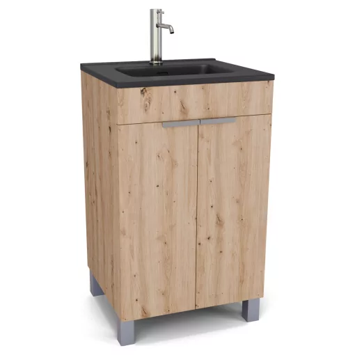 HD Paris Oak 50 álló mosdószekrény szálcsiszolt króm elemekkel és matt fekete slim mosdóval