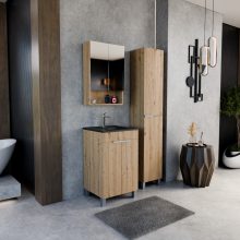 HD Paris Oak 50 álló mosdószekrény szálcsiszolt króm elemekkel és matt fekete slim mosdóval