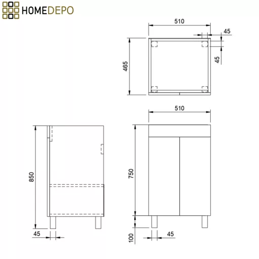 HD Paris Oak 50 álló mosdószekrény szálcsiszolt króm elemekkel és matt fekete slim mosdóval