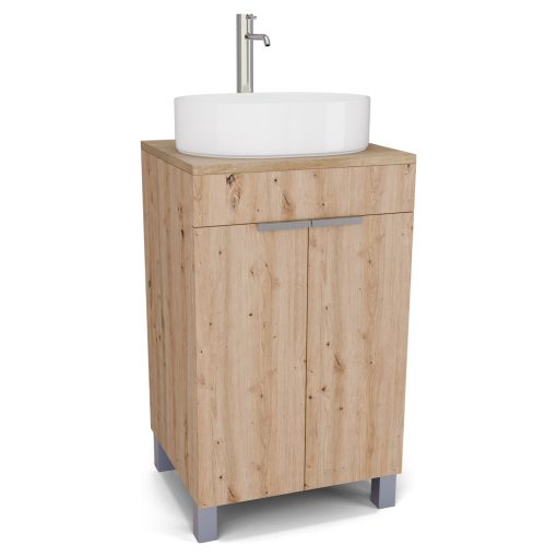 HD Paris Oak 50 álló mosdószekrény tölgyfa színű mosdópulttal és szálcsiszolt króm elemekkel