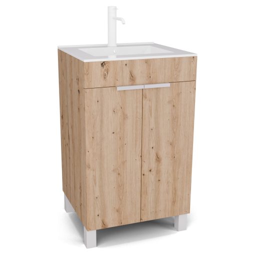 HD Paris Oak 50 álló mosdószekrény matt fehér elemekkel és fényes fehér slim mosdóval