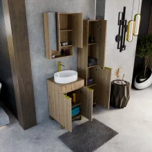 HD Paris Oak 50 álló mosdószekrény tölgyfa színű mosdópulttal és szálcsiszolt arany elemekkel