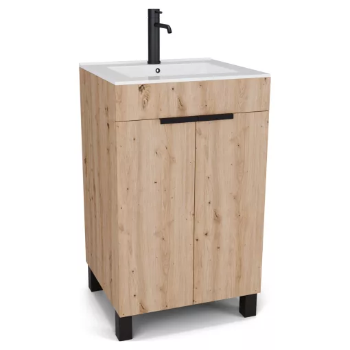 HD Paris Oak 50 álló mosdószekrény matt fekete elemekkel és fényes fehér slim mosdóval
