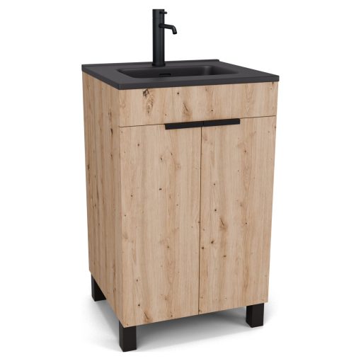 HD Paris Oak 50 álló mosdószekrény matt fekete elemekkel és matt fekete slim mosdóval