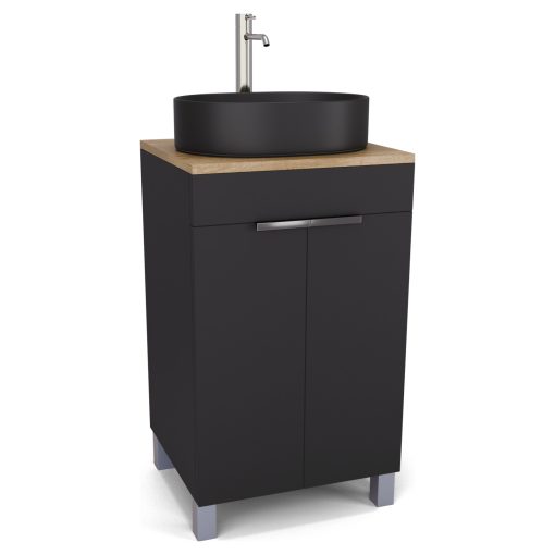 HD Paris Matt Black 50 álló mosdószekrény tölgyfa színű mosdópulttal és fényes króm elemekkel