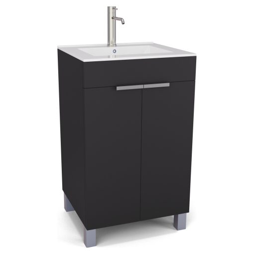 HD Paris Matt Black 50 álló mosdószekrény szálcsiszolt króm elemekkel és fényes fehér slim mosdóval