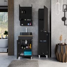 HD Paris Matt Black 50 álló mosdószekrény tölgyfa színű mosdópulttal és matt fehér elemekkel