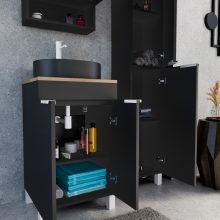 HD Paris Matt Black 50 álló mosdószekrény tölgyfa színű mosdópulttal és matt fehér elemekkel