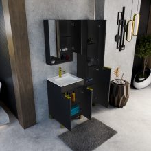 HD Paris Matt Black 50 álló mosdószekrény szálcsiszolt arany elemekkel és fényes fehér slim mosdóval