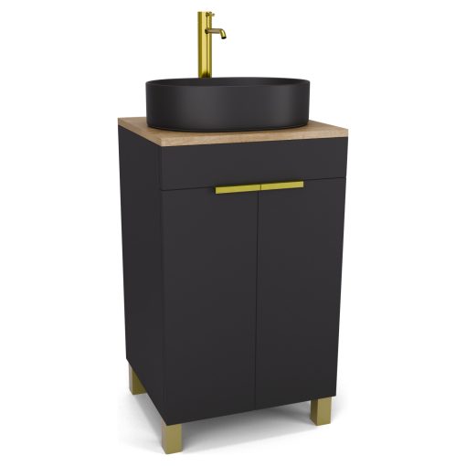 HD Paris Matt Black 50 álló mosdószekrény tölgyfa színű mosdópulttal és szálcsiszolt arany elemekkel