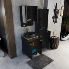 HD Paris Matt Black 50 álló mosdószekrény tölgyfa színű mosdópulttal és szálcsiszolt arany elemekkel