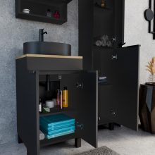 HD Paris Matt Black 50 álló mosdószekrény tölgyfa színű mosdópulttal és matt fekete elemekkel